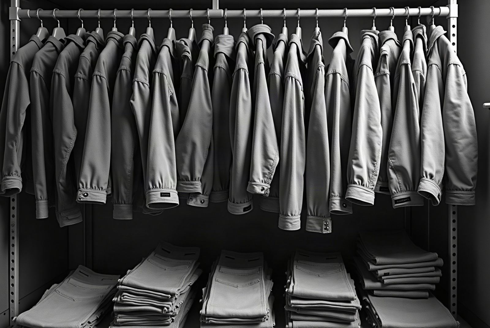 Rack of vintage denim and workwear jackets