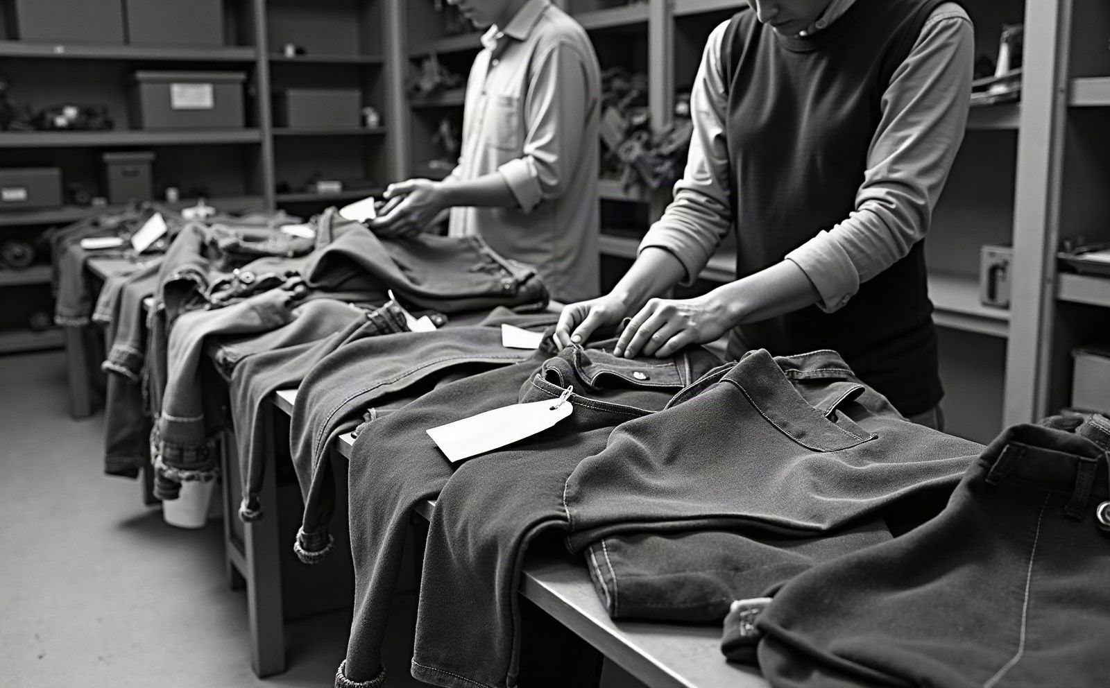 Hands sorting a pile of vintage denim on a warehouse table