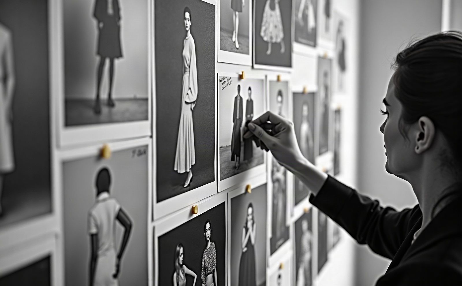 Studio wall of pinned photographs, fabric swatches and notes