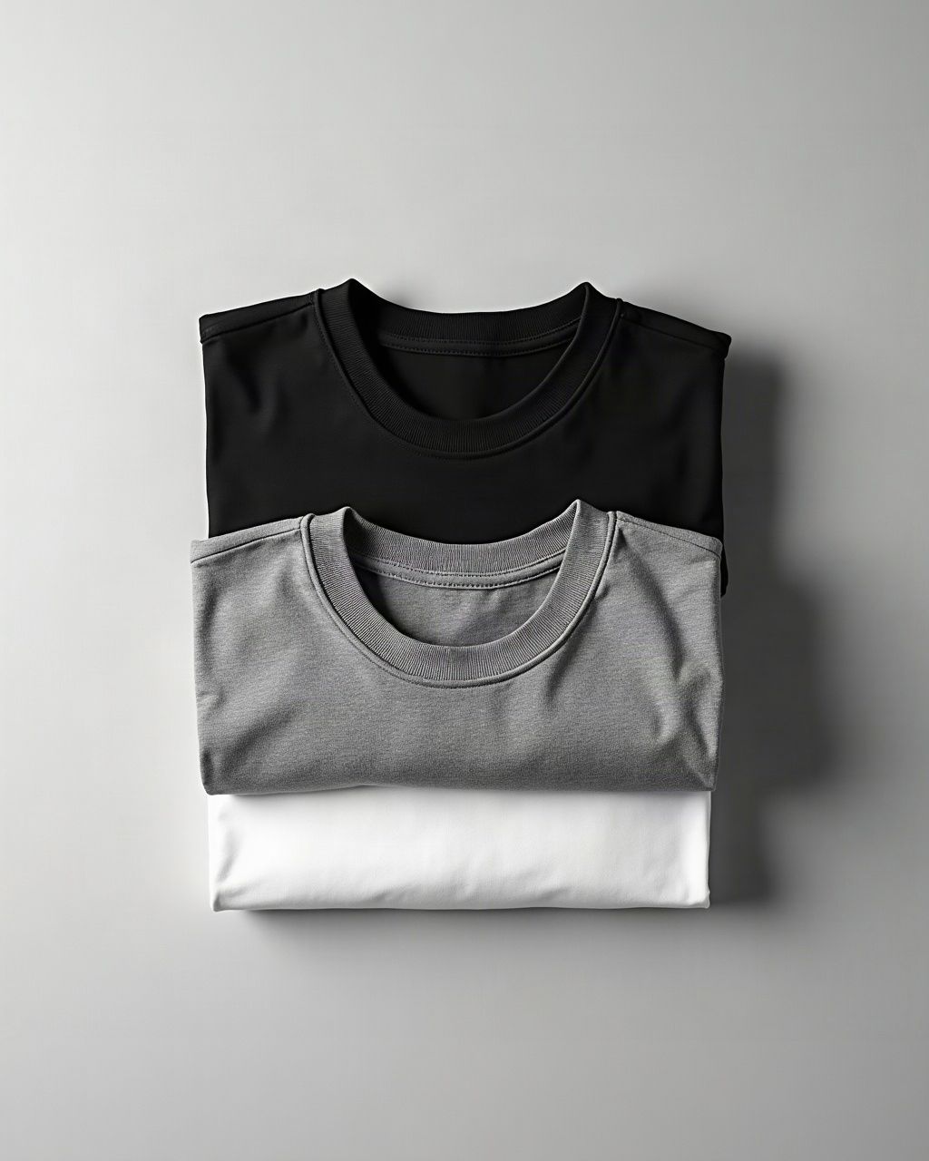Three folded cropped tees: black, heather grey and white
