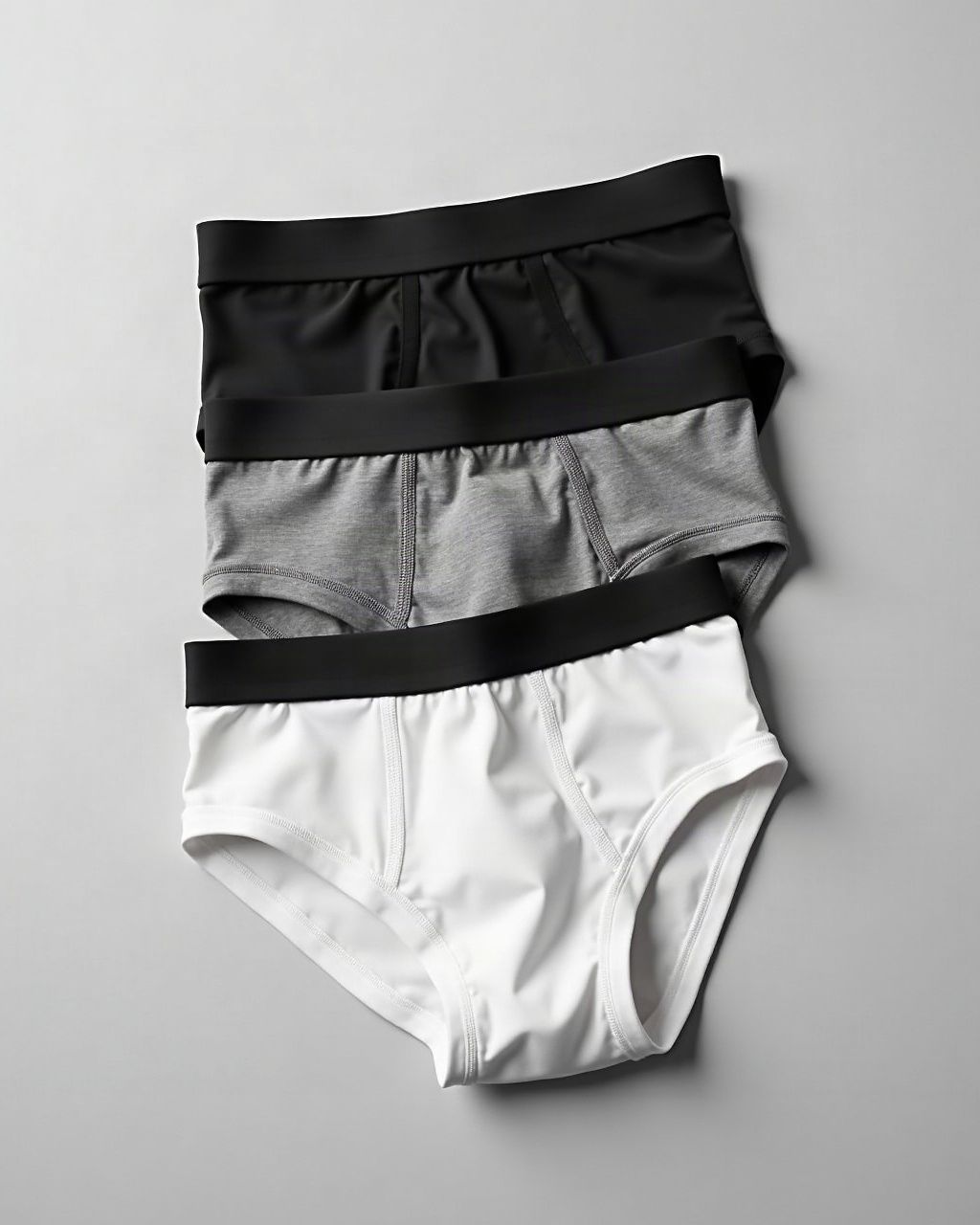 Three folded pairs of underwear: black, heather grey and white
