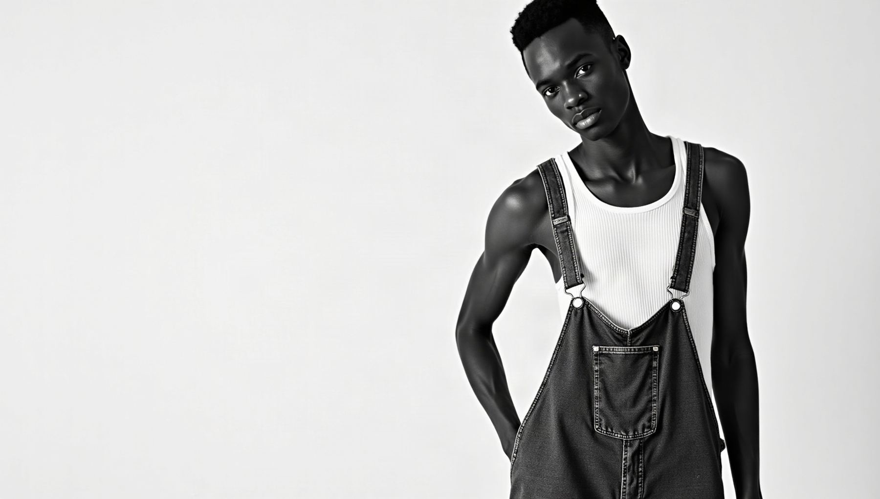 Model in oversized vintage denim overalls over a white ribbed tank