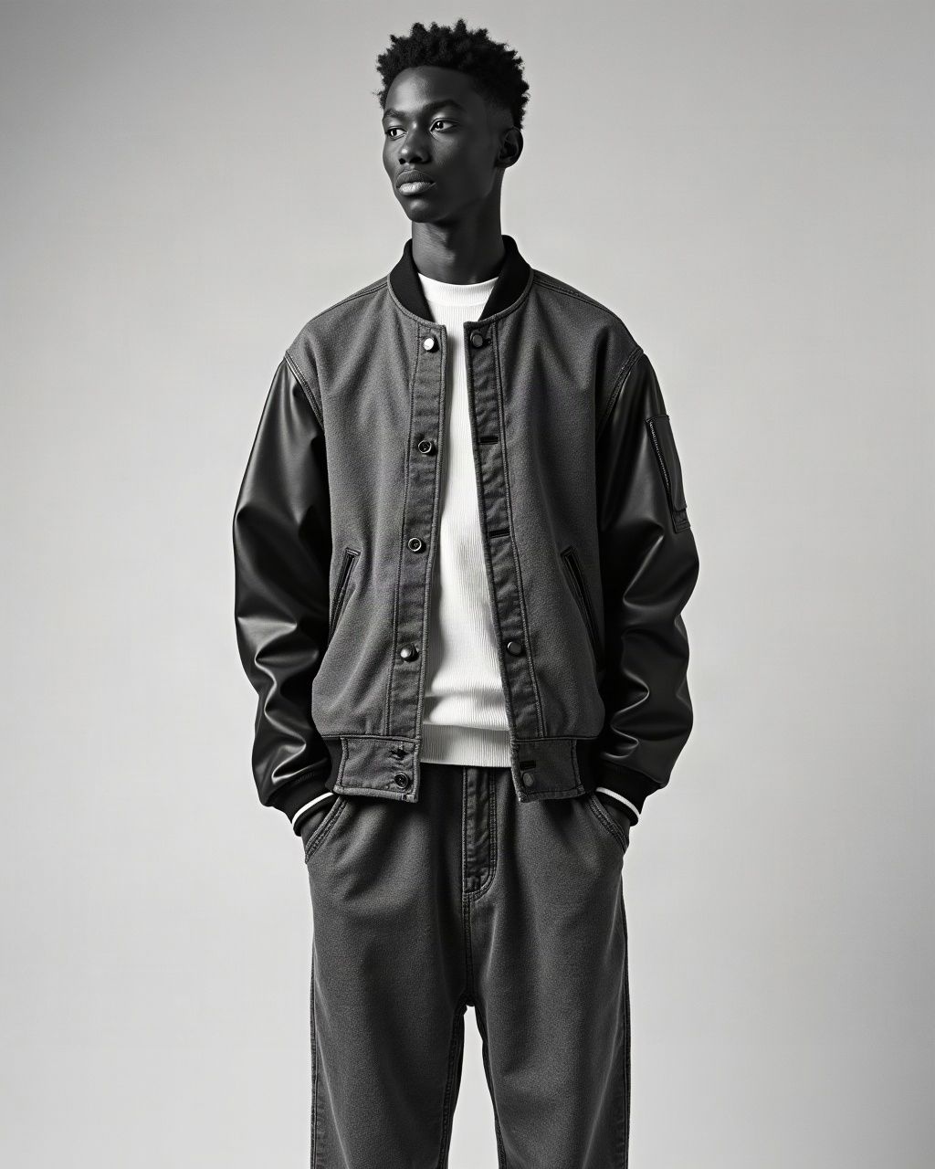 Look 01: reworked varsity jacket with denim panels, white tank, baggy jeans