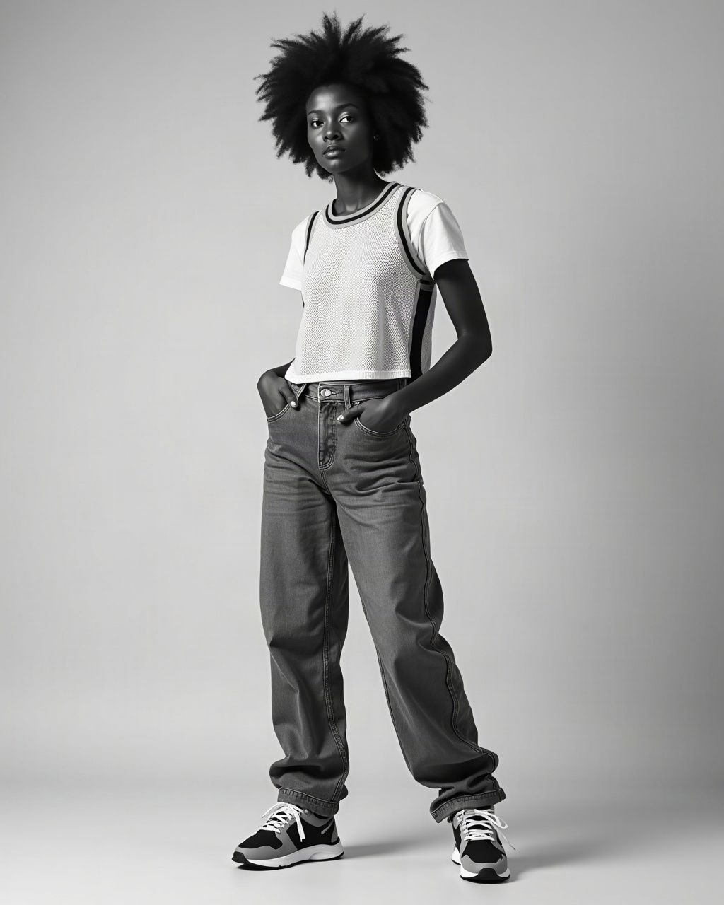 Look 03: cropped mesh jersey over a white tee, baggy carpenter jeans