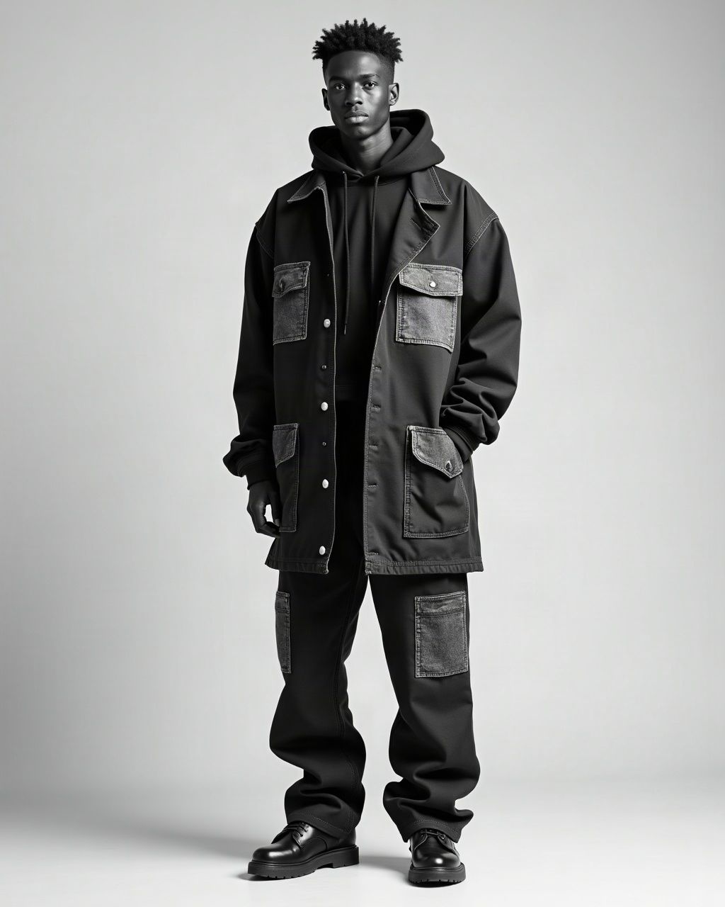 Look 05: reworked chore coat over a cropped black hoodie, double-knee work pants